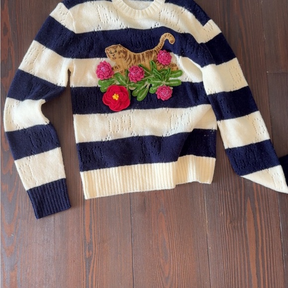 Gucci Blue and Cream Crew Neck Sweater with Floral Accents